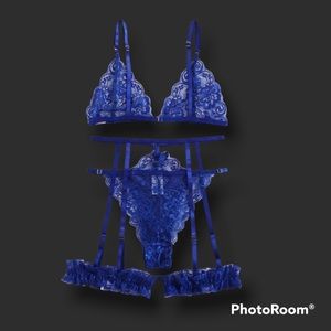 Royal Blue Floral Lace Garter Lingerie Set